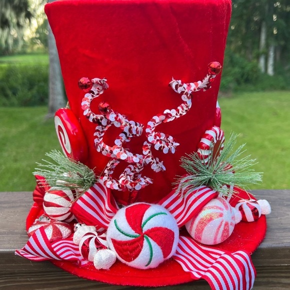 Red Candy Cane Candyland Peppermint Top Hat Decoration Christmas Tree Topper - Picture 7 of 8